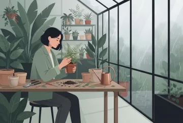Young botanist examining a potted fern beside a rainy greenhouse window in a calm 2D vector illustration.