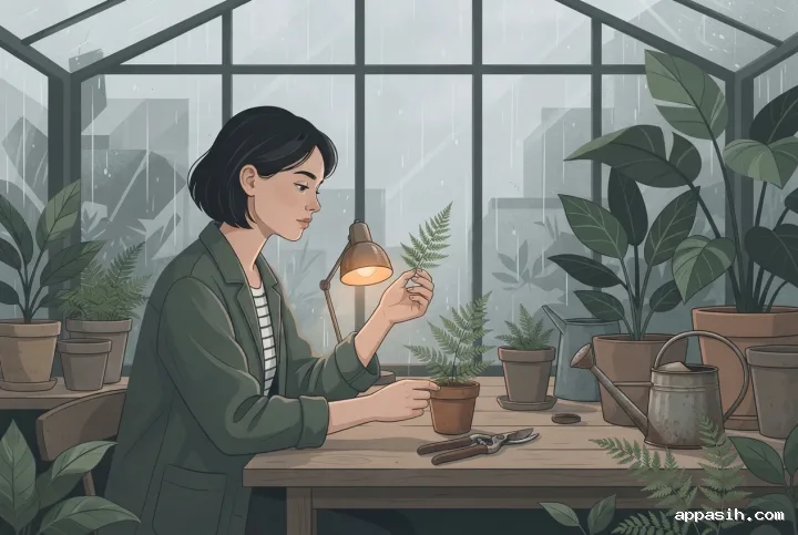 Young botanist inspecting a fern at a greenhouse worktable beside a rain-streaked window in a detailed 2D vector illustration.