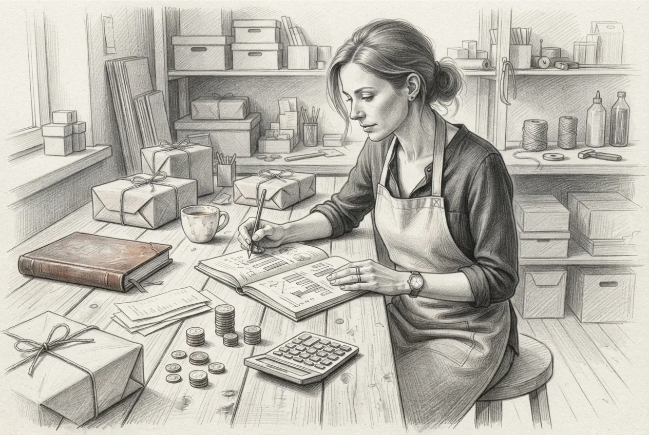 Pencil sketch of a small business owner planning cash flow at a workshop desk with coins, receipts, calculator, ledger, parcels, and handwritten financial charts.