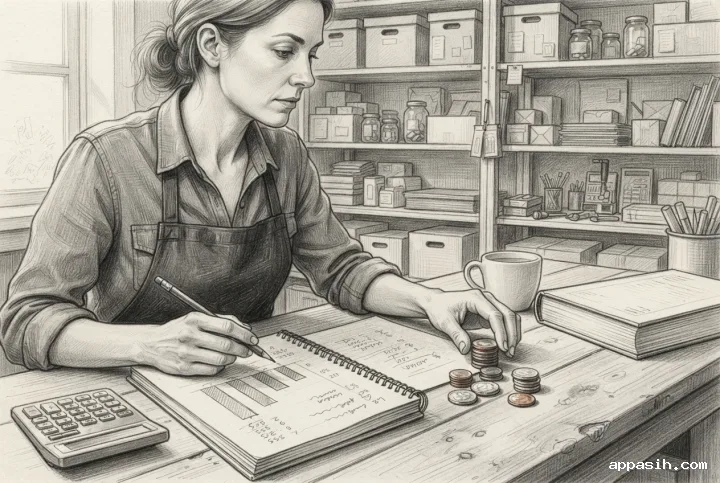 Detailed pencil sketch of a small business owner allocating coins while reviewing cash flow notes, receipts, calculator, ledger, and parcels at a workshop desk.