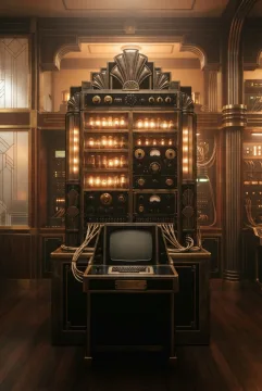 Retro Art Deco vacuum tube computing console with brass controls and glowing tubes inside a streamlined technology laboratory.