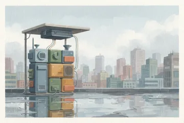 Gouache painting of a modular urban environmental sensor hub on a rain-soaked rooftop overlooking a cloudy city.