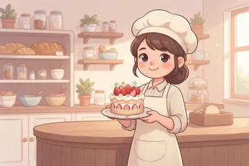 Kawaii cartoon baker holding a strawberry cake behind a wooden counter in a cozy pastel bakery.