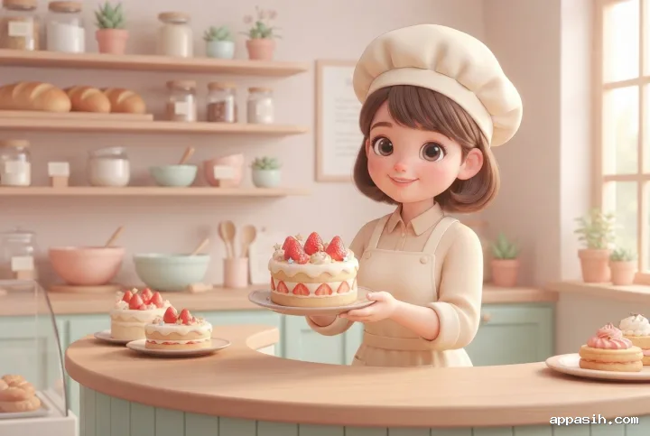 Kawaii cartoon baker presenting a strawberry cake from a closer three-quarter view inside the same cozy pastel bakery.