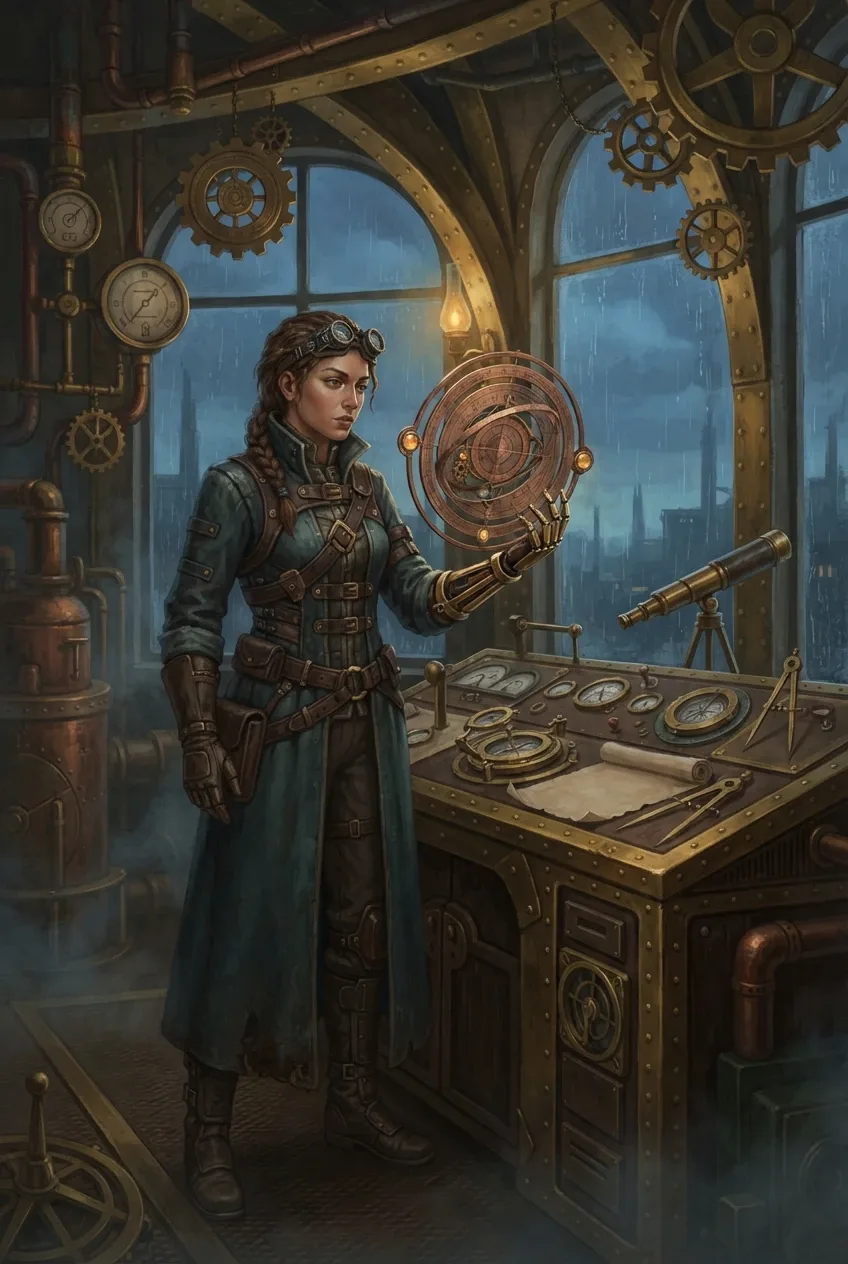 Steampunk clockwork cartographer holding a mechanical celestial map inside a brass observatory with copper machinery and rainy windows.