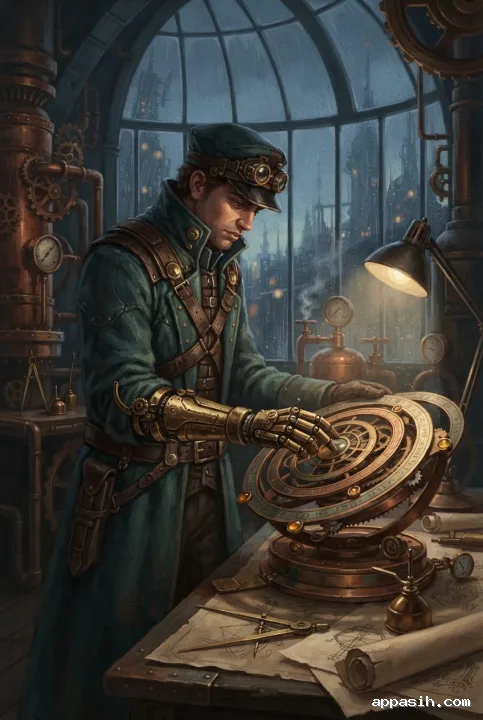 Steampunk clockwork cartographer rotating a brass celestial map in a rainy observatory filled with copper instruments, gears, and warm amber light.
