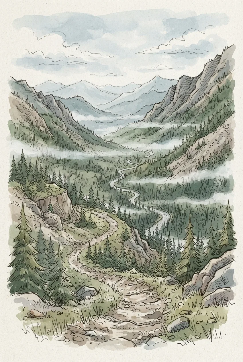 Hand-drawn doodle of a winding mountain trail descending through a misty pine valley with rocky ridges, layered forests, and a narrow river.