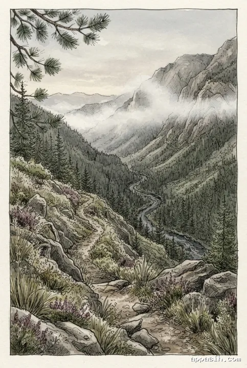 Closer hand-drawn doodle view of the same winding mountain trail overlooking a misty pine valley, narrow river, rocky ridges, and layered evergreen forests.