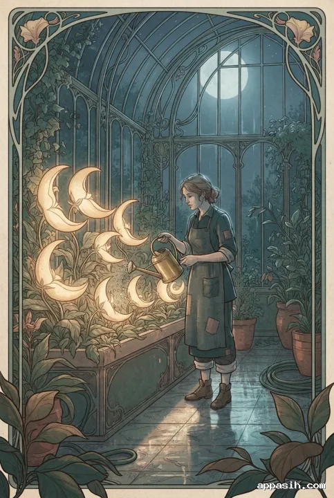 Closer three-quarter view of a gardener tending glowing crescent-moon flowers in the same ornate Retro Art Nouveau glasshouse beneath moonlight.