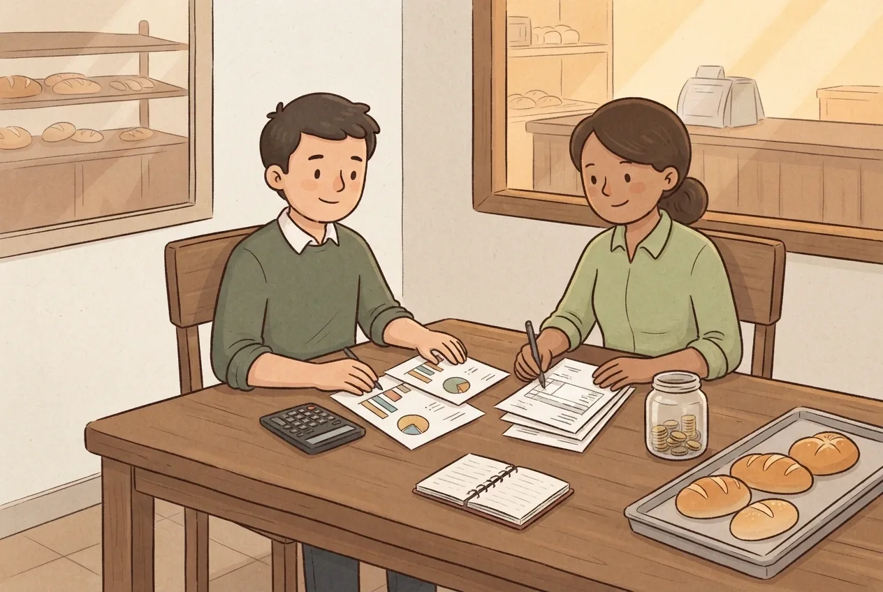 Storybook illustration of two bakery business partners reviewing budgets, cash-flow charts, invoices, coins, and a savings jar at a wooden table.