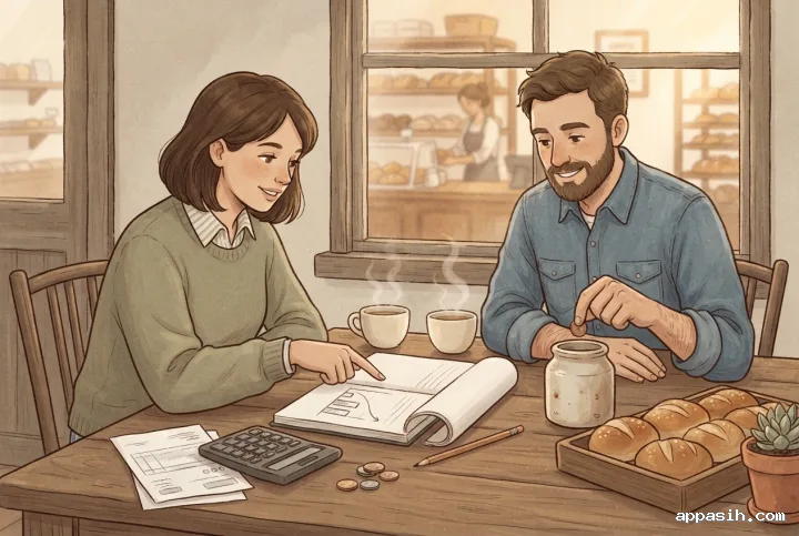 Detailed storybook illustration of bakery partners discussing cash flow as one points to a financial chart and the other adds a coin to a savings jar.