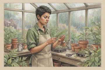 Colored pencil portrait of a young botanist examining a fern beside a potting bench in a rain-covered greenhouse.
