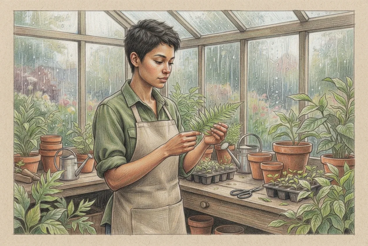 Colored pencil portrait of a young botanist examining a fern beside a potting bench in a rain-covered greenhouse.