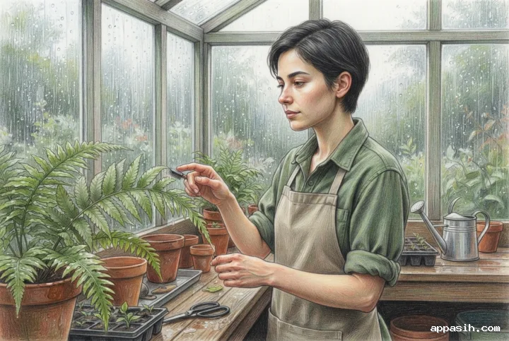 Detailed colored pencil portrait of a young botanist brushing water from a fern leaf beside a potting bench in a rainy greenhouse.