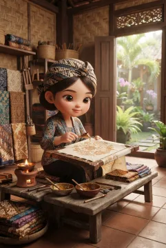 Chibi batik artisan applying wax patterns to cloth inside a traditional Javanese textile workshop.