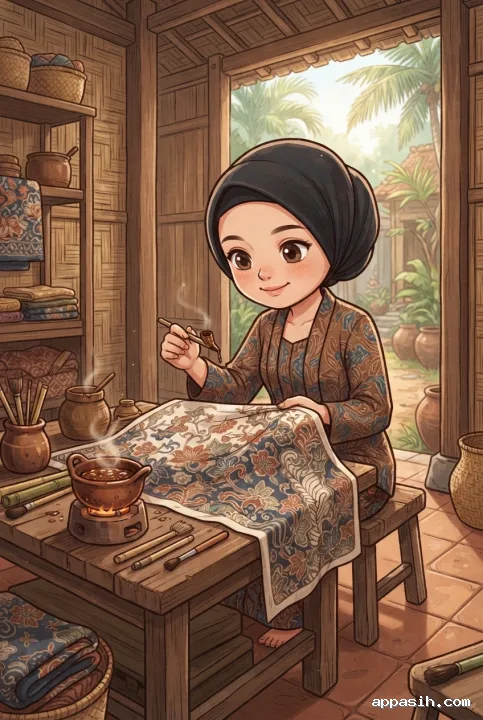 Close three-quarter chibi view of a batik artisan finishing a wax pattern on cloth in a traditional Javanese workshop.