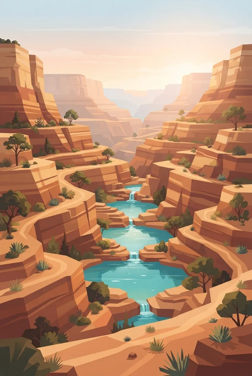 Portrait vector illustration of terraced sandstone canyon cliffs surrounding turquoise spring pools beneath soft sunrise light.