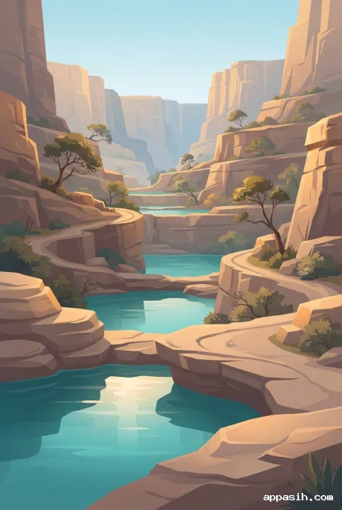 Portrait vector illustration of turquoise spring pools winding through layered sandstone canyon terraces with warm sunrise highlights and sparse trees.