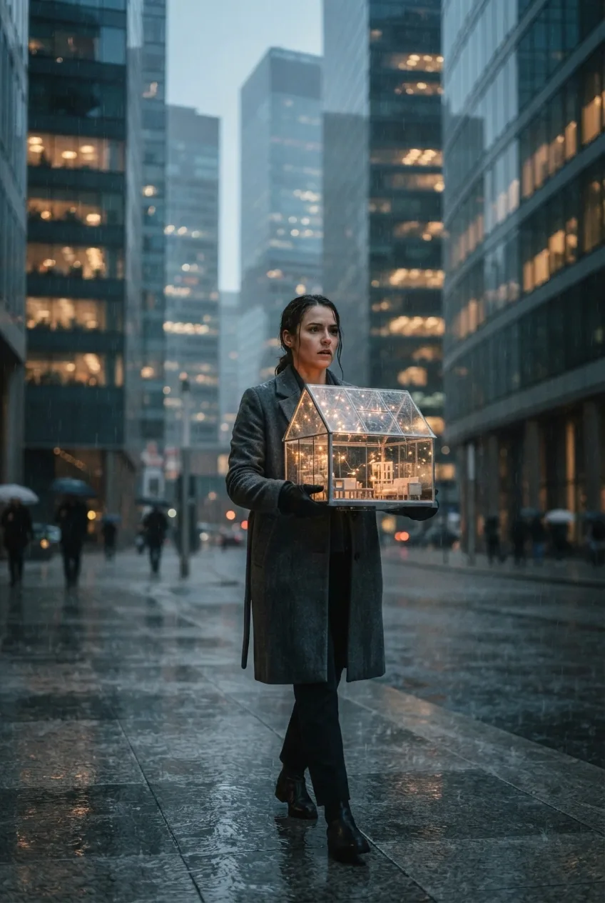 Office worker carrying a fragile illuminated glass house through a rainy financial district in a cinematic editorial scene.