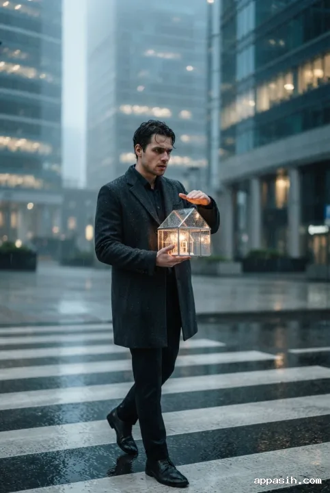 Office worker shielding an illuminated glass house from rain while crossing a wet financial district in a cinematic editorial scene.