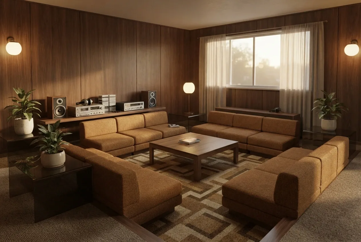 3D architectural visualization of a 1980s sunken living room with caramel modular sofas, wood paneling, patterned carpet, and a cassette listening corner.