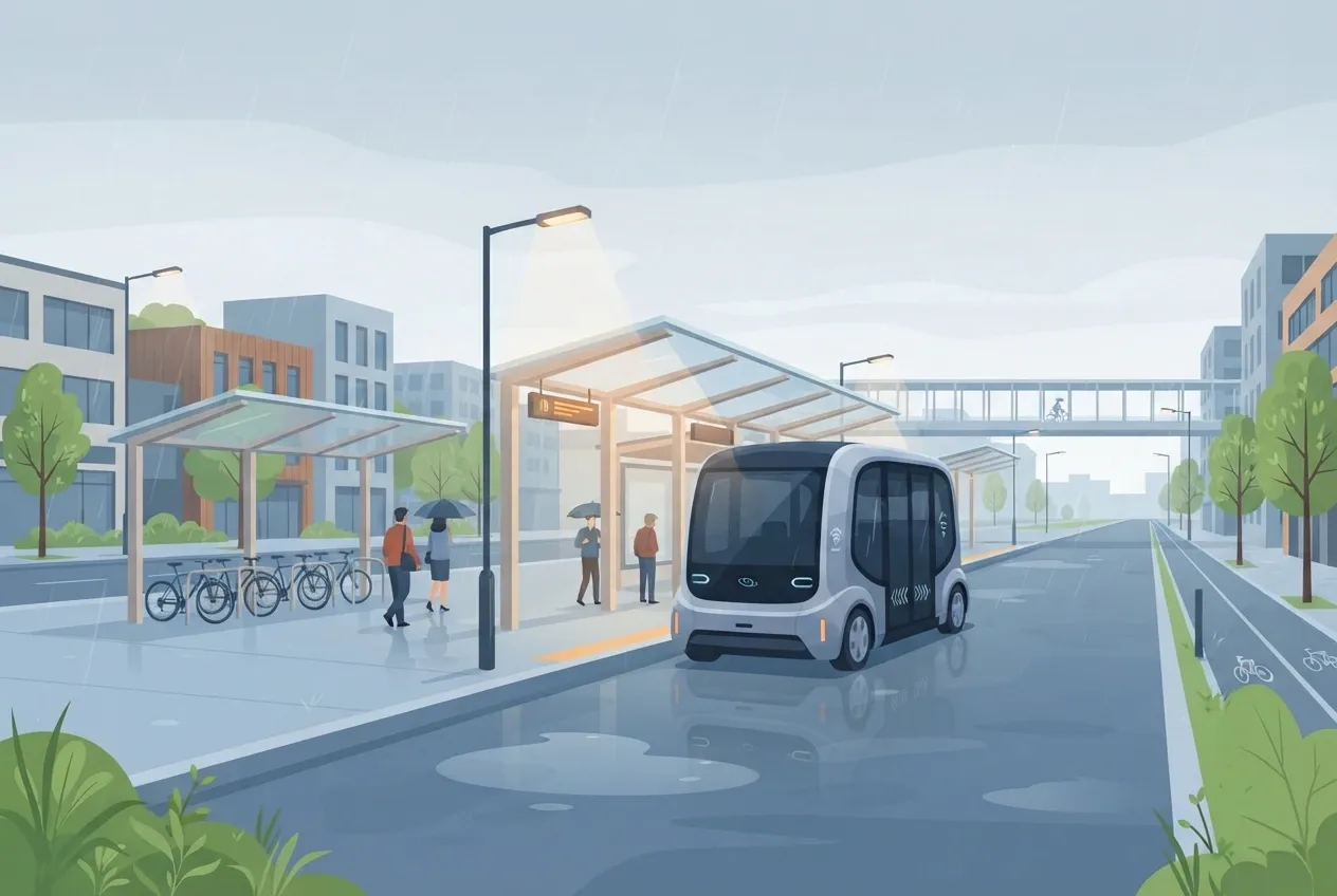 Vector illustration of an autonomous electric shuttle arriving at a rainy urban mobility hub with bicycles, commuters, covered platforms, and wet reflective pavement.