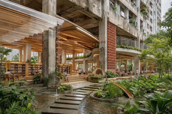 Climate-adaptive public library beneath a tropical concrete housing block with timber canopies, planted terraces, rain gardens, and shaded community spaces.
