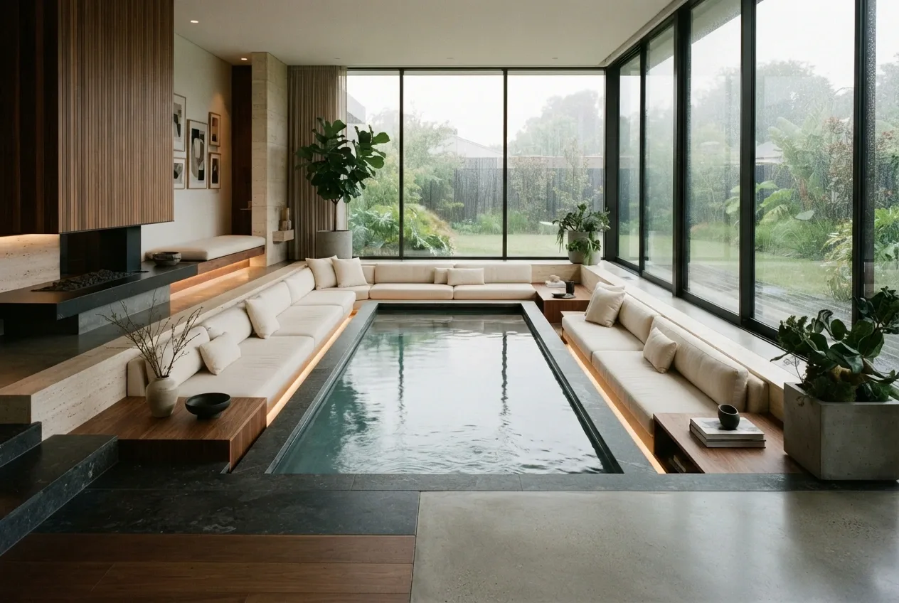 Cinematic sunken lounge with cream seating, warm timber walls, textured stone, and a narrow indoor reflecting pool beside rain-covered windows.