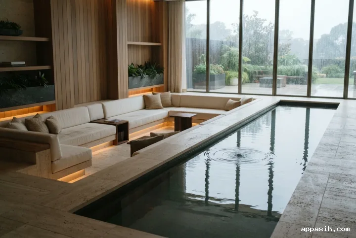 Cinematic three-quarter view across a narrow reflecting pool toward a sunken cream lounge with walnut furniture, limestone surfaces, warm timber walls, and rainy windows.