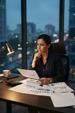 Financial analyst reviewing cash flow forecasts at an office desk after hours with printed charts, calculator, documents, and cinematic city lighting.