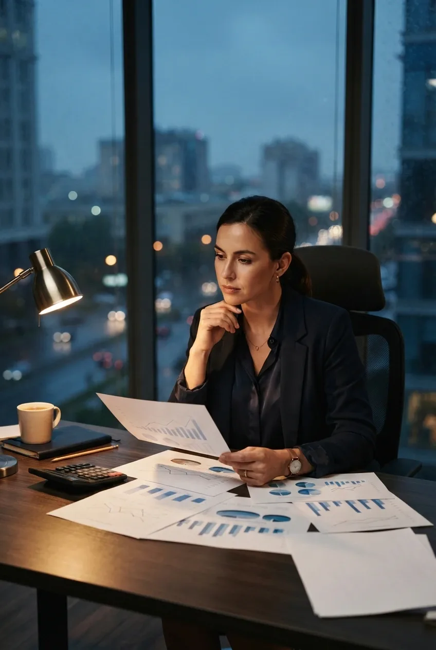 Financial analyst reviewing cash flow forecasts at an office desk after hours with printed charts, calculator, documents, and cinematic city lighting.
