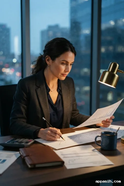 Financial analyst marking a cash flow forecast at the same after-hours office desk with calculator, financial documents, rain-streaked windows, and cinematic lighting.