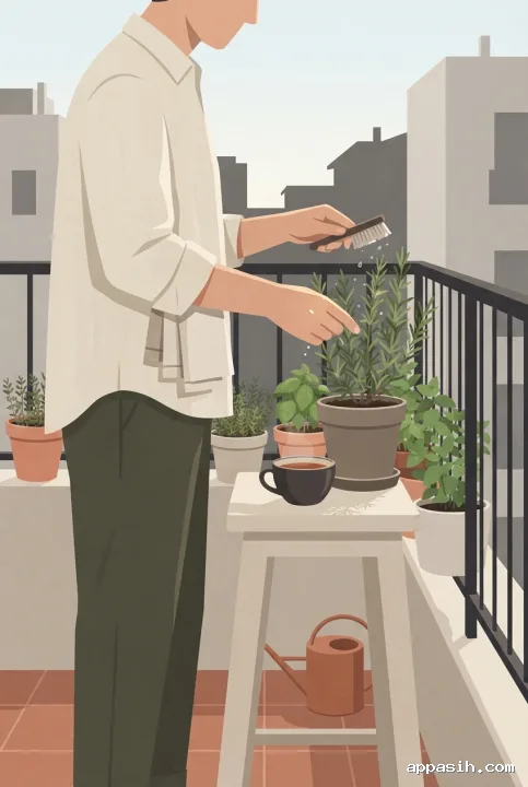 Minimalist graphic of a person brushing droplets from balcony herbs beside a ceramic cup of morning tea.