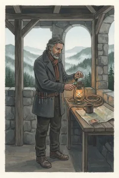 Gouache painting of a solitary lantern keeper adjusting a glowing brass lantern inside a misty mountain watchtower.