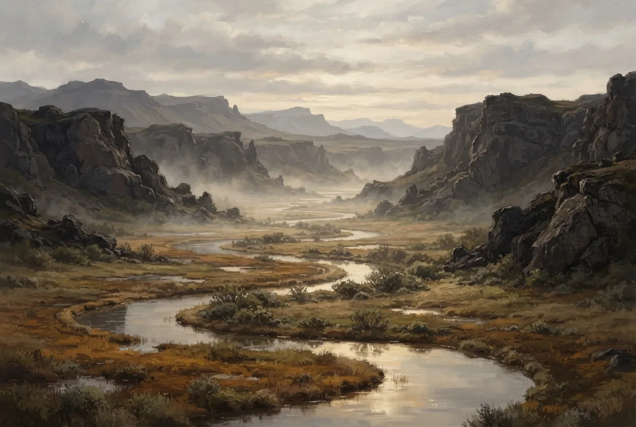 Digital painting of a misty basalt valley with winding amber wetlands, reflective water channels, and dark volcanic mountain ridges under soft morning light.