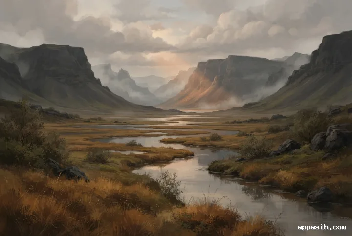 Digital painting of the same misty basalt valley from a lower three-quarter viewpoint, with amber grasses, reflective wetland channels, dark volcanic ridges, and warm light breaking through morning clouds.