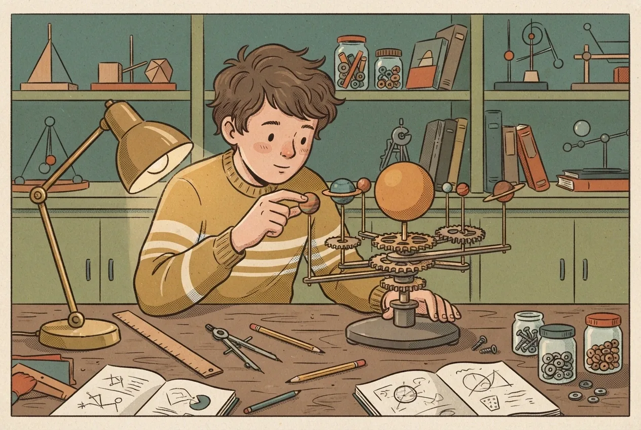 Retro illustration of a young student inventor building a mechanical solar system model at a wooden classroom workbench.