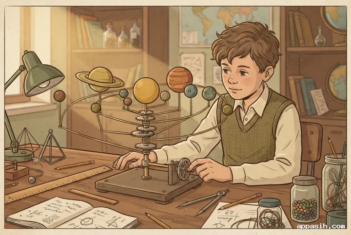 Retro illustration of a young student adjusting a handmade mechanical solar system model at a vintage classroom workbench.