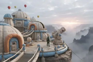 Inflatable 3D cloud observatory with rounded air-filled towers and a lone explorer overlooking a misty canyon at dawn.