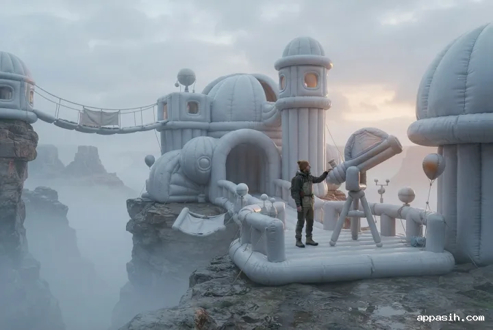 Closer three-quarter view of an inflatable 3D cloud observatory above a misty canyon, with a lone explorer beside a rounded telescope under soft morning light.