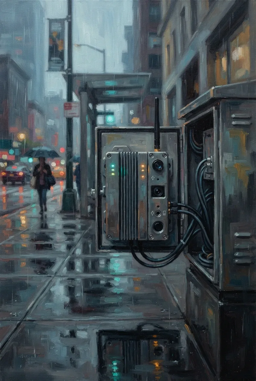 Acrylic painting of an edge AI sensor node with cooling fins, cables, antenna, and indicator lights beside a rain-soaked urban infrastructure cabinet.