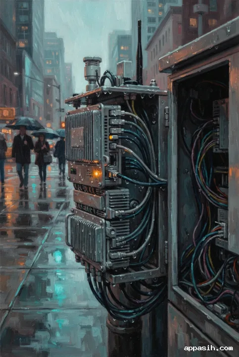 Closer acrylic painting view of the same edge AI sensor node beside a rainy urban infrastructure cabinet, showing textured electronics, cables, antenna, indicator lights, and wet pavement reflections.