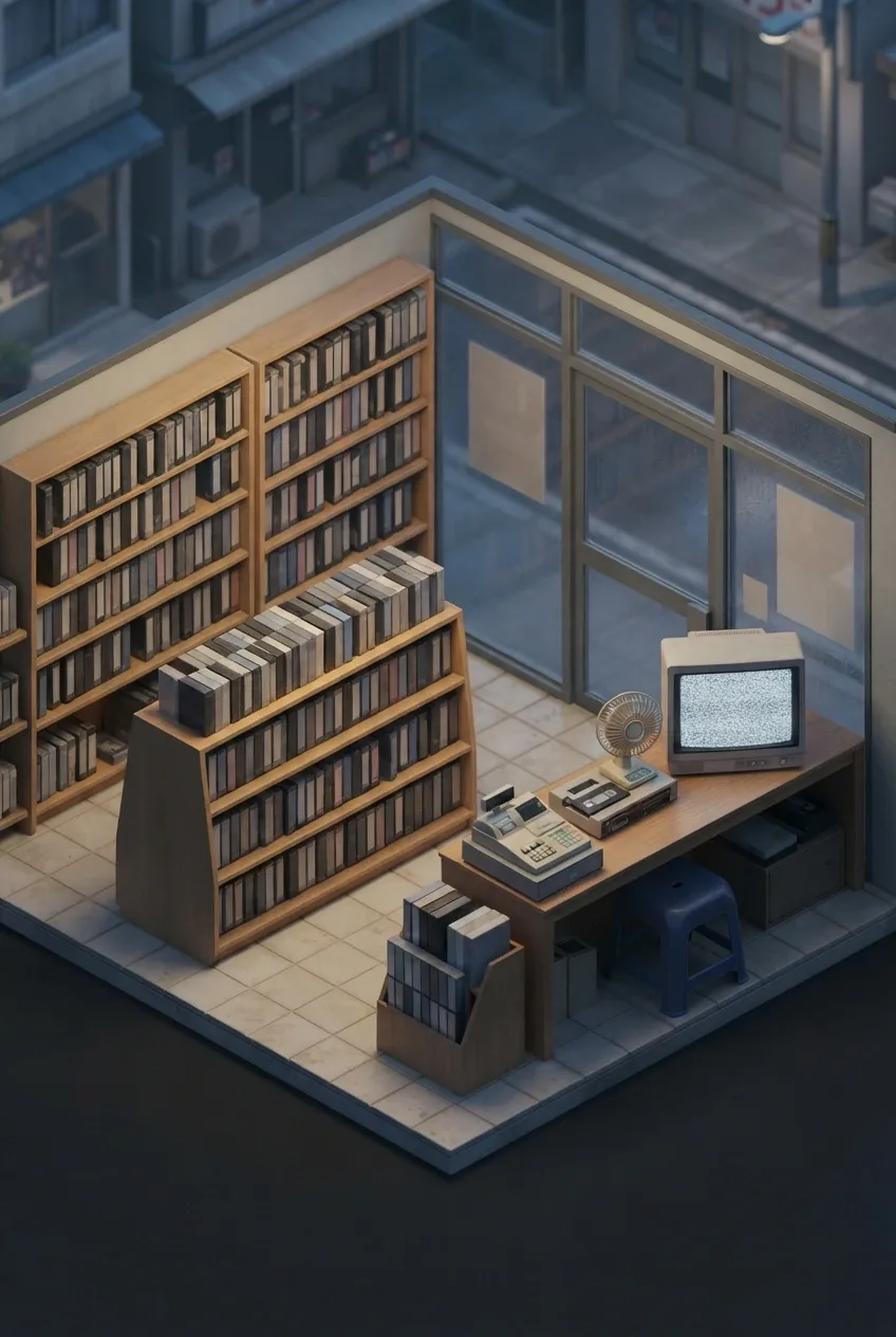 Isometric 3D view of a small 1990s neighborhood video rental corner with VHS cassette shelves, a CRT television, plastic stool, tiled floor, and a rainy evening storefront.