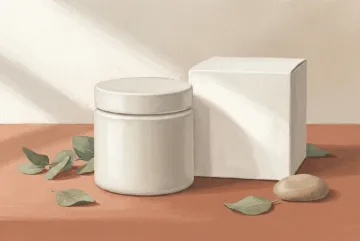 Gouache painting of an ivory ceramic skincare jar and blank carton on a terracotta tabletop with eucalyptus leaves.
