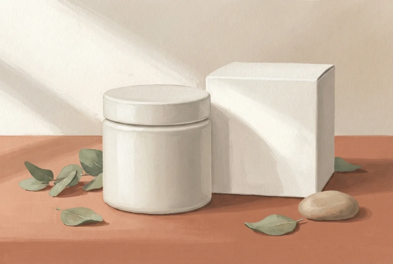 Gouache painting of an ivory ceramic skincare jar and blank carton on a terracotta tabletop with eucalyptus leaves.