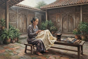 Javanese batik artisan applying wax to patterned cloth in a traditional heritage courtyard, depicted as a textured acrylic painting.