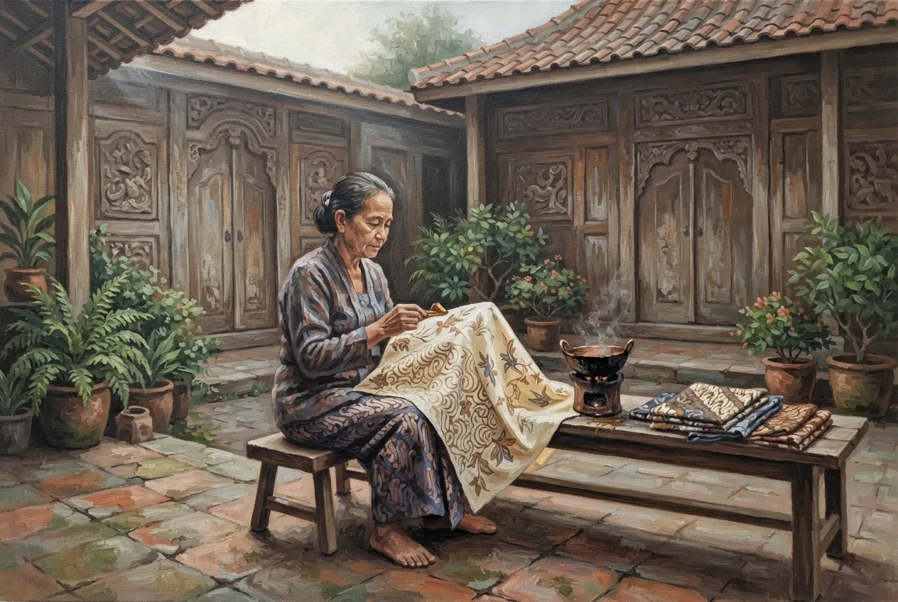 Javanese batik artisan applying wax to patterned cloth in a traditional heritage courtyard, depicted as a textured acrylic painting.