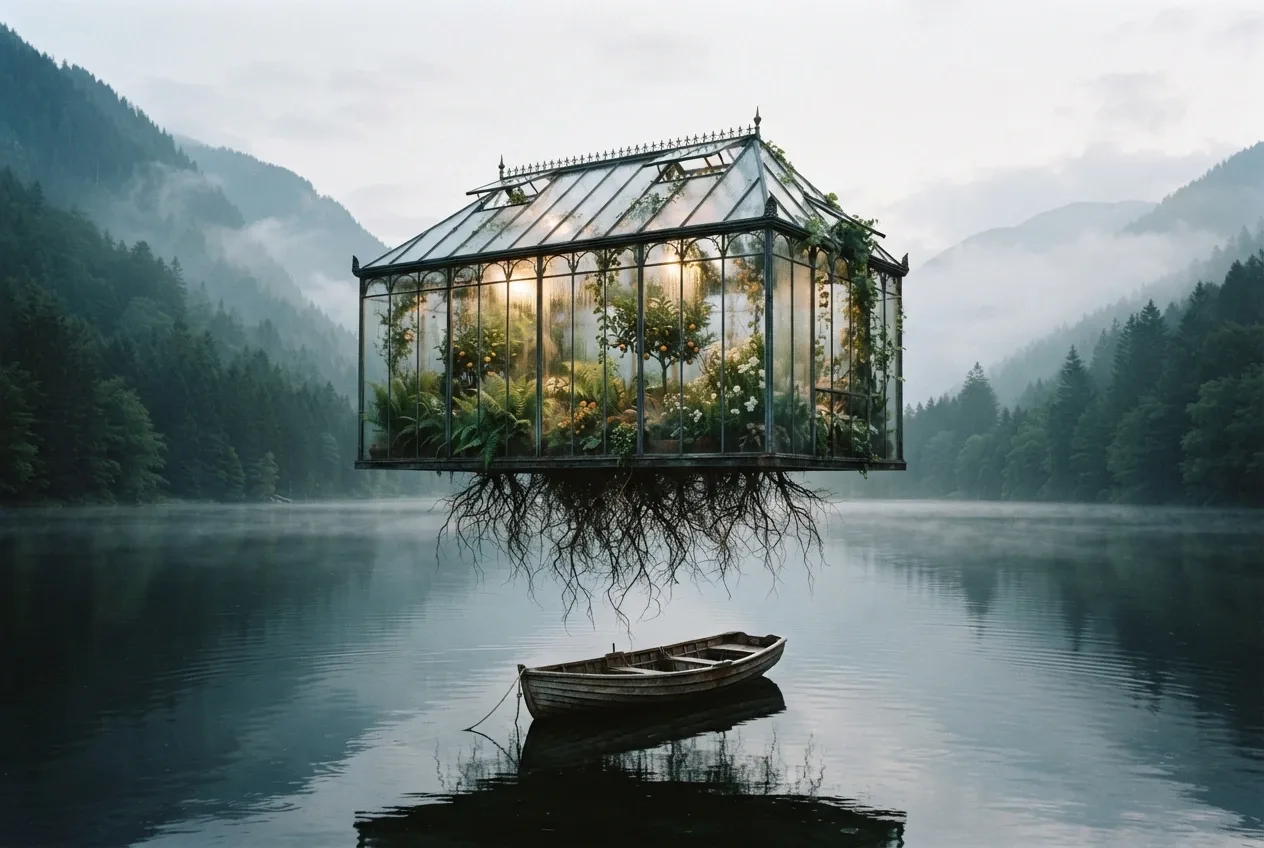 Floating glass greenhouse with hanging roots above a misty mountain lake and a solitary wooden rowboat in fine art photography.