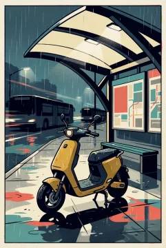 Retro Pop Art electric scooter beside a rainy urban transit hub with halftone textures, bold outlines, wet pavement reflections, and colorful geometric commuter scenery.