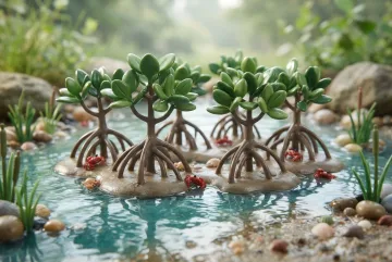 3D plastic toy style mangrove tide pool with curved roots, tiny red crabs, glossy green leaves, smooth stones, and shallow reflective coastal water.